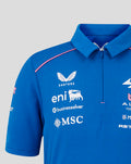Blue Official Junior Formula One Team Polo Shirt with pink shoulder piping and chest sponsor logos including Castore eni and MSC