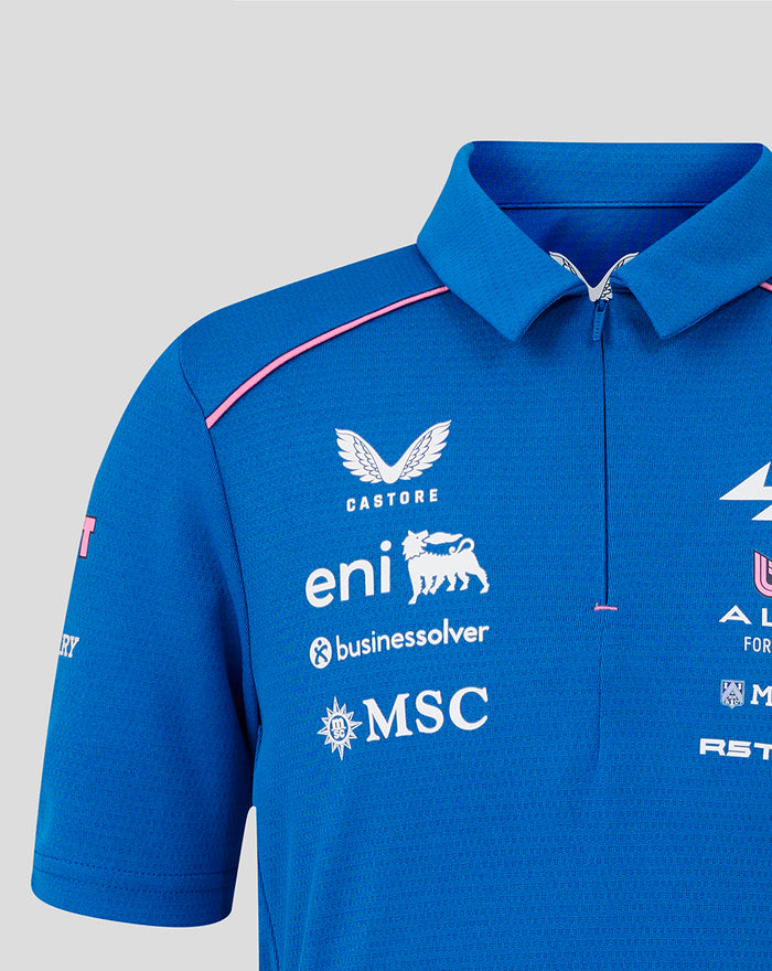 Blue Official Junior Formula One Team Polo Shirt with pink shoulder piping and chest sponsor logos including Castore eni and MSC