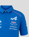 Blue BWT Alpine polo with pink shoulder piping and a large white 44 emblem on the chest along with sponsor logos