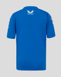 Back view of a bright blue Junior Driver T shirt with white Castore emblem on the upper back and sponsor logos on the sleeve