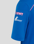 Blue junior Formula One team T shirt sleeve with pink BWT logo and Oakberry branding