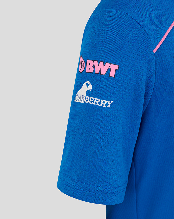 Blue junior Formula One team T shirt sleeve with pink BWT logo and Oakberry branding