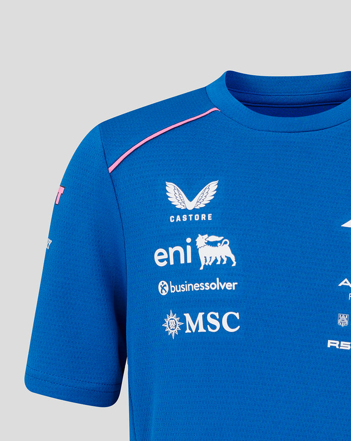 Blue junior Formula One team T shirt front chest with sponsor logos and pink shoulder piping