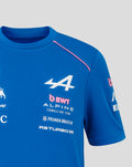 Blue junior Formula One team T shirt front featuring a large white number four and Alpine and sponsor logos