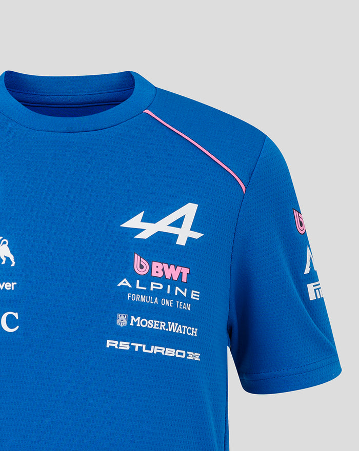 Blue junior Formula One team T shirt front featuring a large white number four and Alpine and sponsor logos