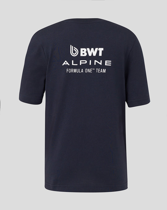 Back view of navy Night Sky T Shirt with large BWT Alpine logo across the upper back