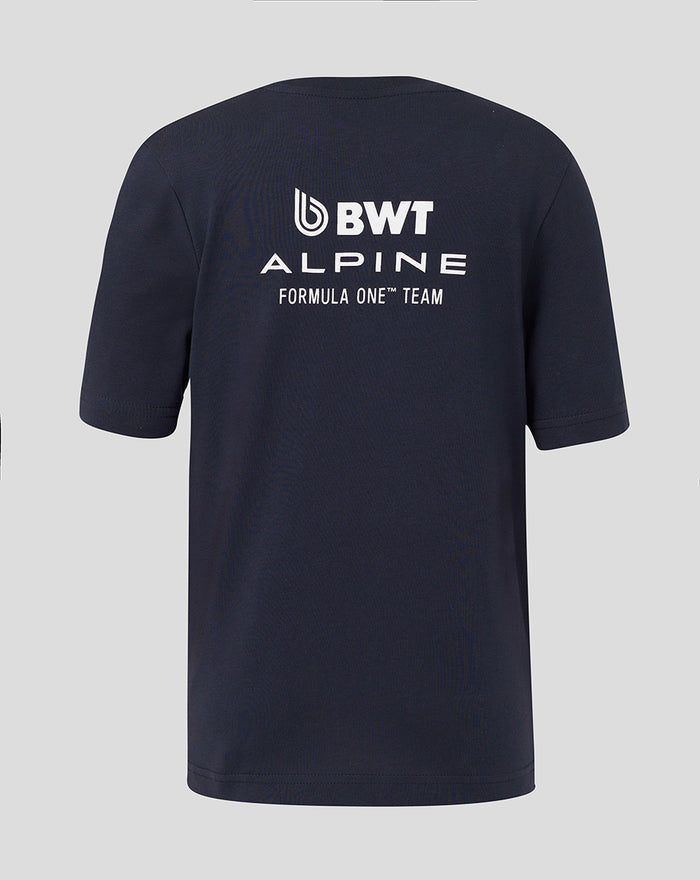 Back view of navy Night Sky T Shirt with large BWT Alpine logo across the upper back