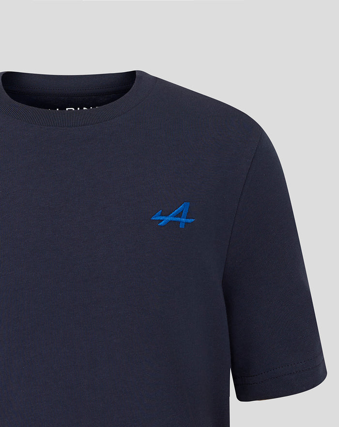 Close up of navy Junior Regular Fit Core T Shirt showing blue embroidered A on left chest