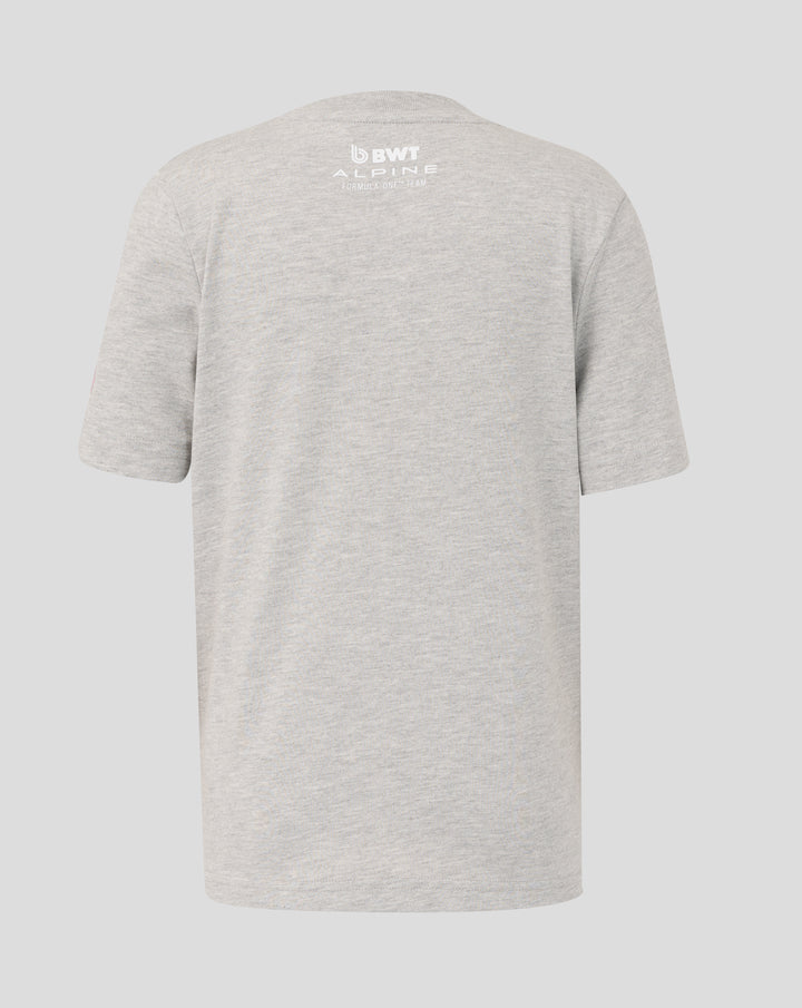 Back view of grey marl junior T shirt with a white BWT Alpine logo on the upper back.