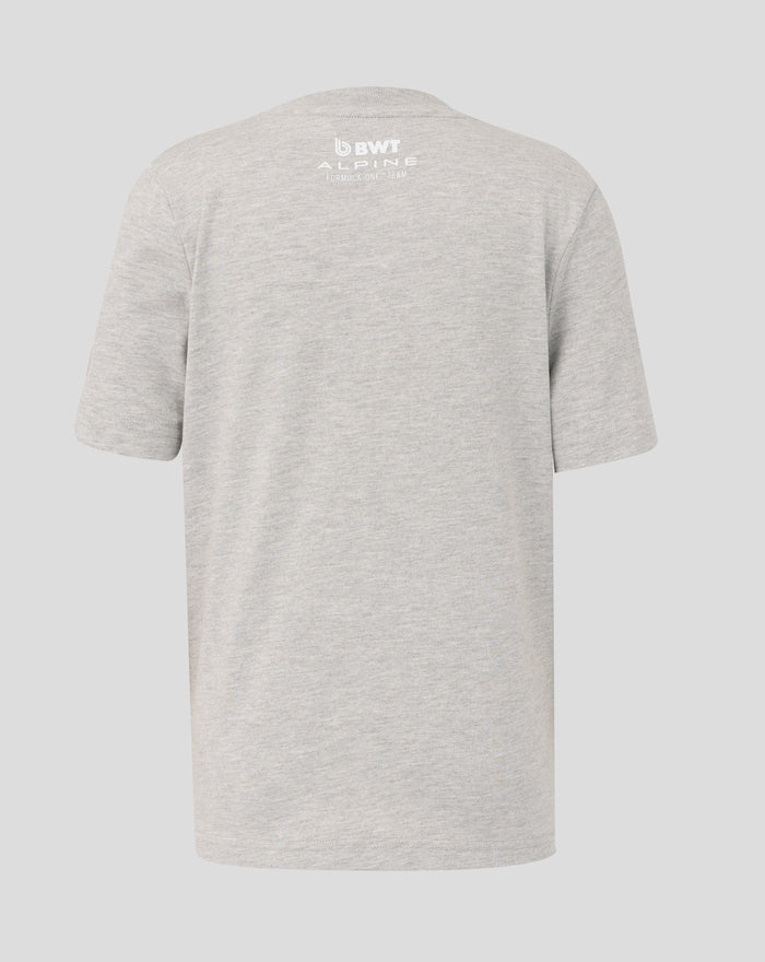 Back view of grey marl junior T shirt with a white BWT Alpine logo on the upper back.