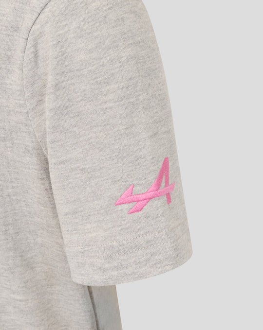 Close up of a grey marl junior T shirt sleeve with a pink graphic accent.