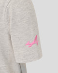 Close up of a grey marl junior T shirt sleeve with a pink graphic accent.