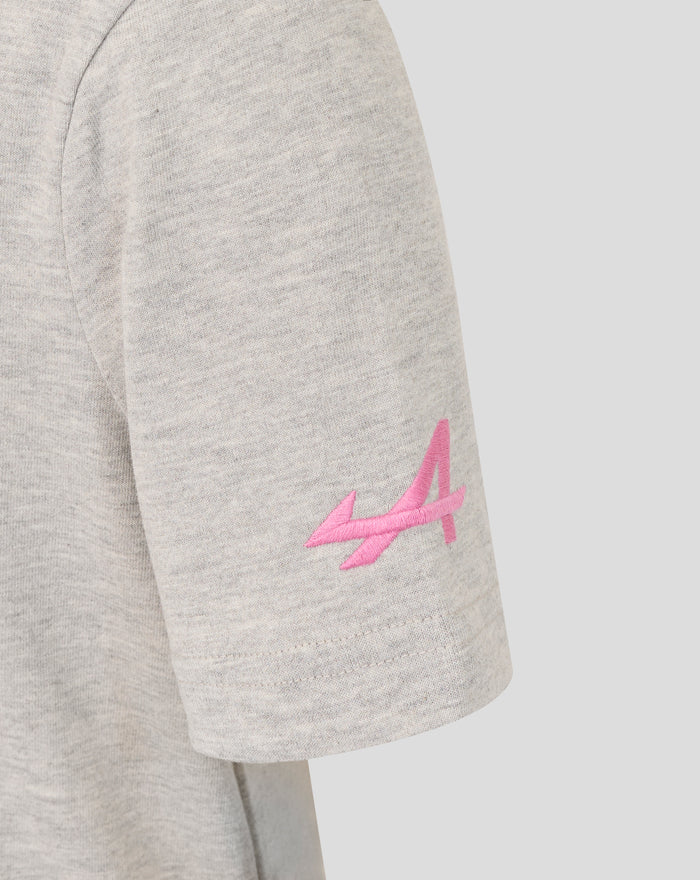 Close up of a grey marl junior T shirt sleeve with a pink graphic accent.