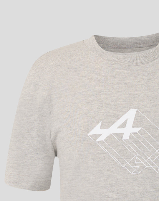 Front view of grey marl junior T shirt with a bold pink geometric print on the lower right side.