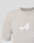 Front view of grey marl junior T shirt with a bold pink geometric print on the lower right side.