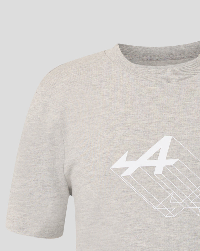 Front view of grey marl junior T shirt with a bold pink geometric print on the lower right side.