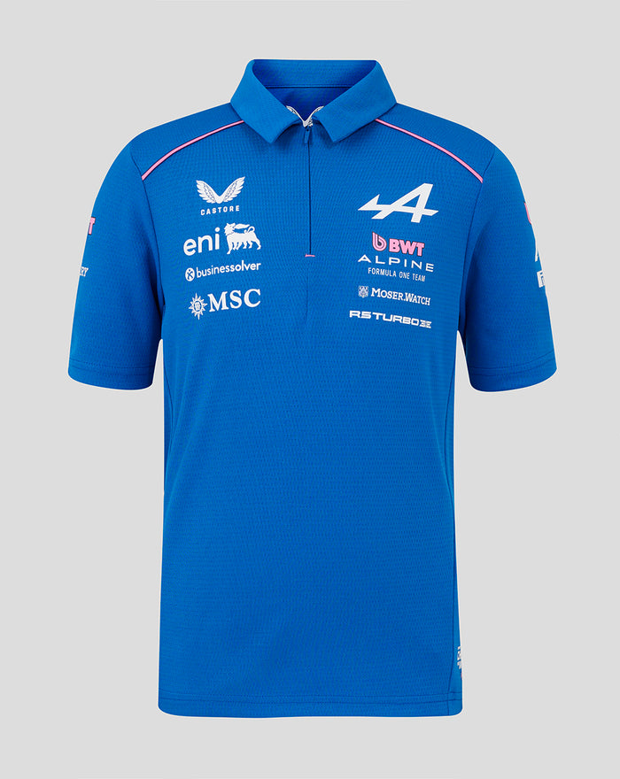 Blue BWT Alpine Formula One Team polo shirt with a concealed zip collar and pink piping, featuring sponsor logos