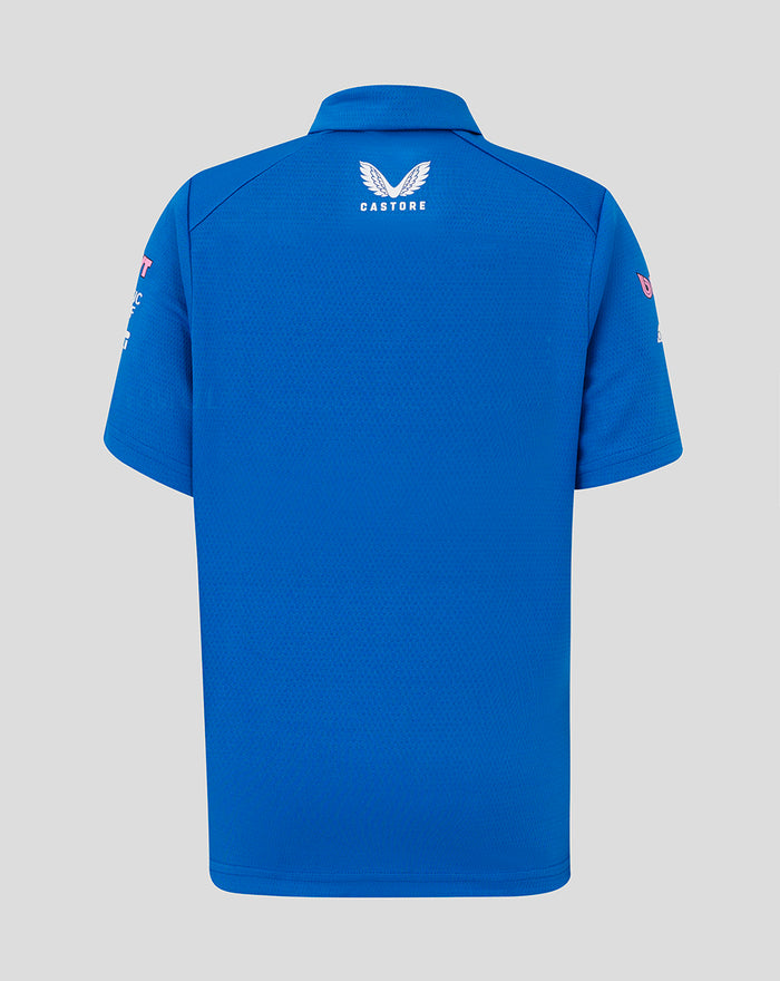 Back view of blue official junior Formula One polo shirt with white Castore eagle logo on the upper back.