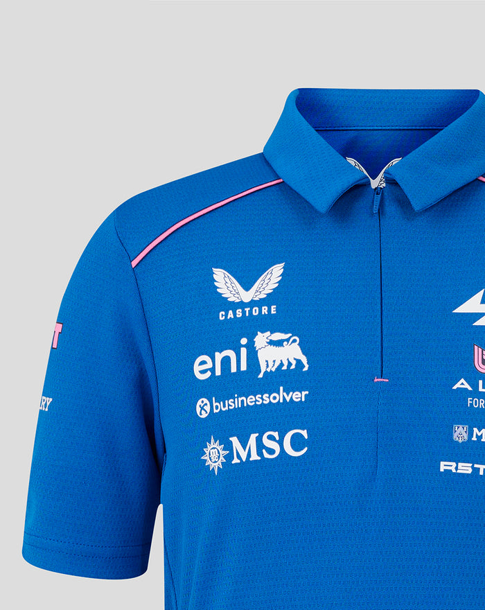 Blue polo shirt upper chest with multiple sponsor logos including Castore and ENI