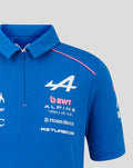 Blue polo shirt front close up with large white A4 logo BWT Alpine branding and pink shoulder piping plus a concealed zip