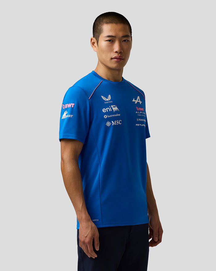 Male model wearing a blue BWT Alpine Formula One Team Set Up T Shirt, front view with sponsor logos on the chest.