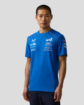 Front view of male model in blue BWT Alpine Formula One Team Set Up T Shirt with multiple sponsor logos