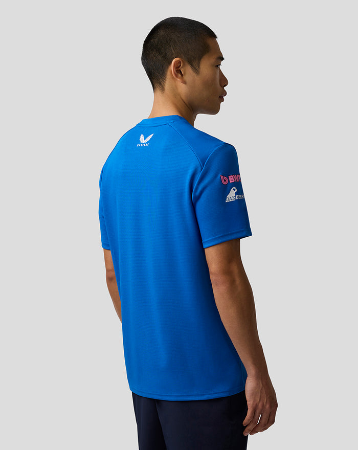 Blue Official Personalised Formula One Team Set Up T Shirt viewed from the back with logos on the sleeves