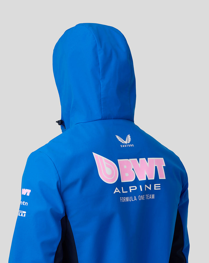 BWT Alpine water resistant jacket in lapis blue viewed from behind with a hood and large back logo.