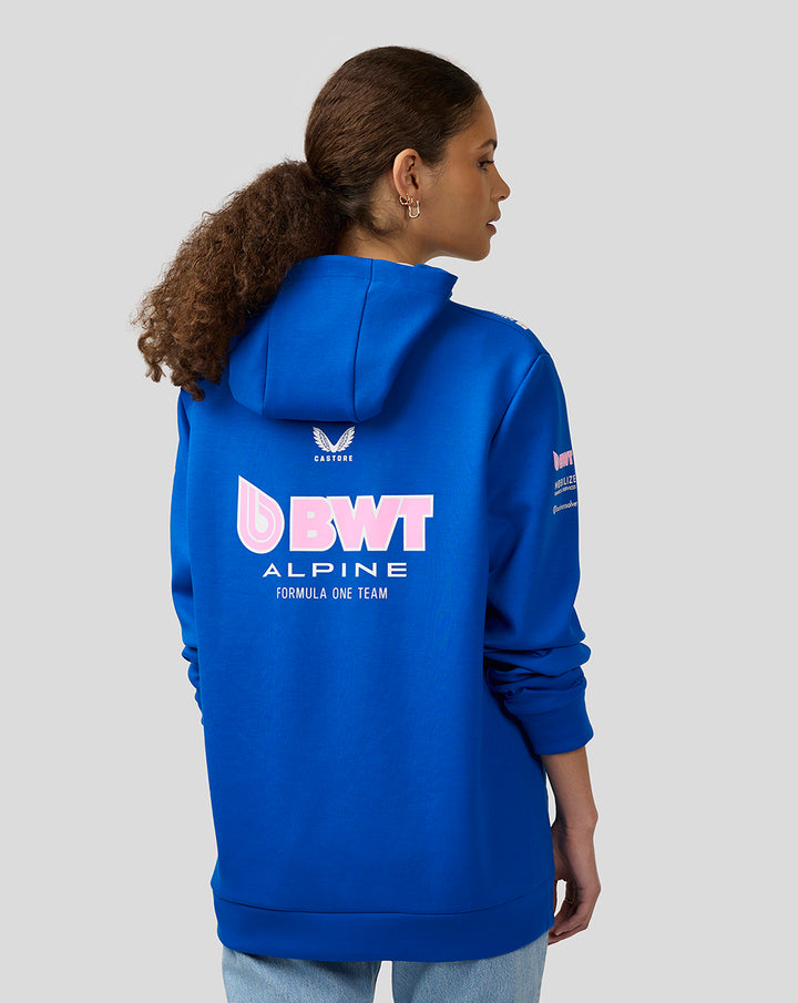 Back view of blue BWT Alpine hoodie with bold back branding BWT Alpine Formula One Team.