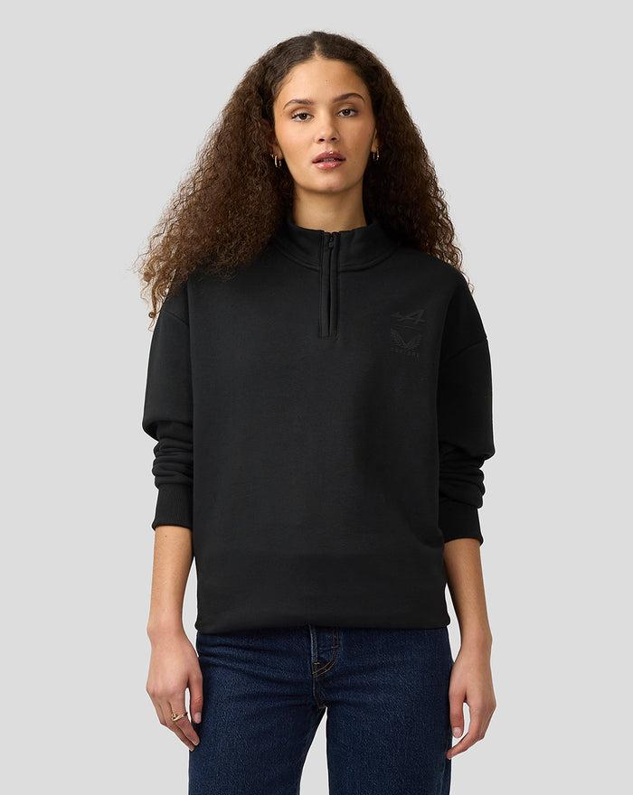 Front view of black unisex quarter-zip pullover with funnel neckline and subtle Alpine Castore chest logo