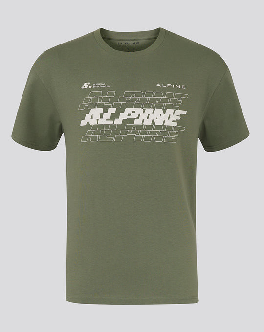 Olive green oversized unisex Alpine T shirt with bold white graphic across chest and Alpine branding