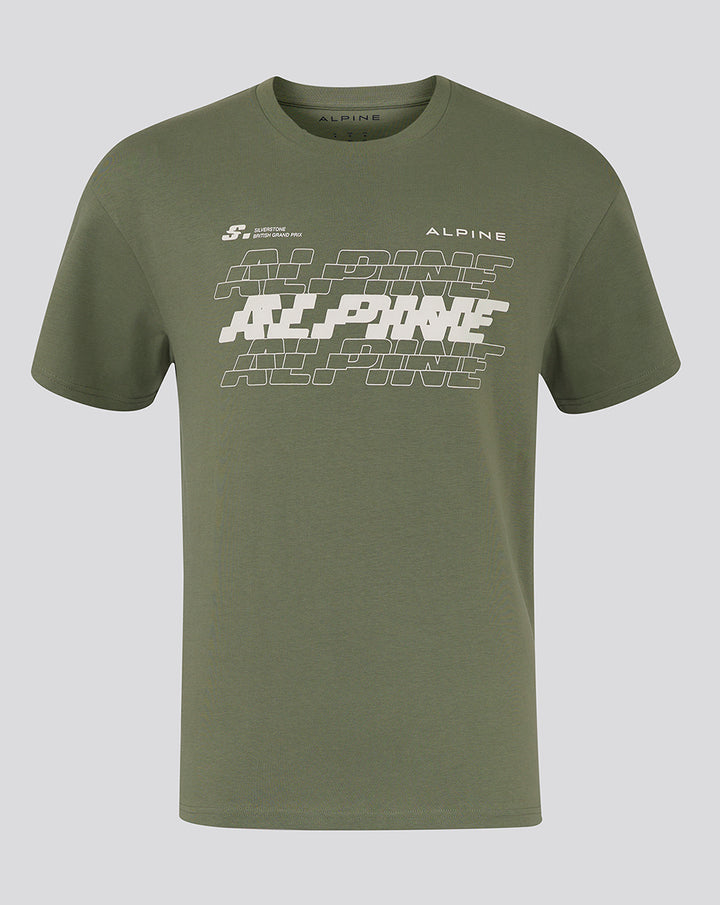 Olive green oversized unisex Alpine T shirt with bold white graphic across chest and Alpine branding