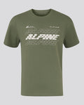 Olive green oversized unisex Alpine T shirt with bold white graphic across chest and Alpine branding