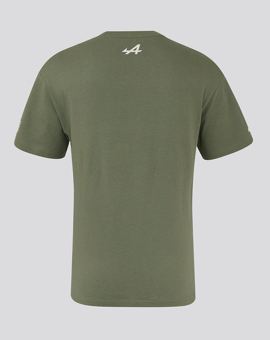 Back view of olive green Alpine T shirt with a small white logo at the upper center