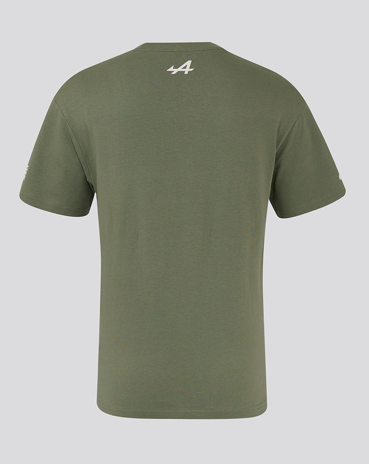 Back view of olive green Alpine T shirt with a small white logo at the upper center