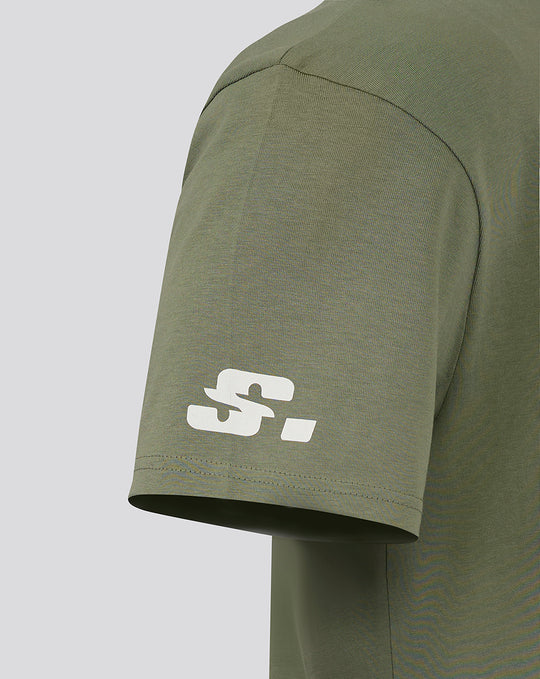 Olive green short sleeve T shirt sleeve with a white printed logo near the cuff