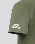 Olive green short sleeve T shirt sleeve with a white printed logo near the cuff