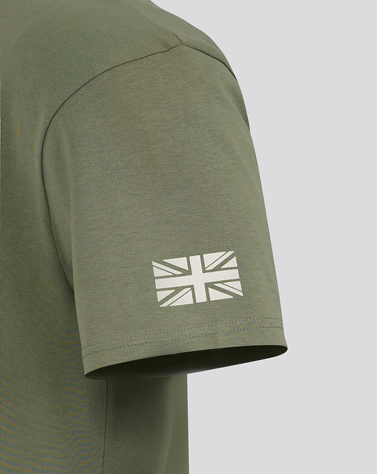 Olive green Alpine T-shirt sleeve close-up with a white Union Jack flag graphic