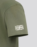 Olive green Alpine T-shirt sleeve close-up with a white Union Jack flag graphic