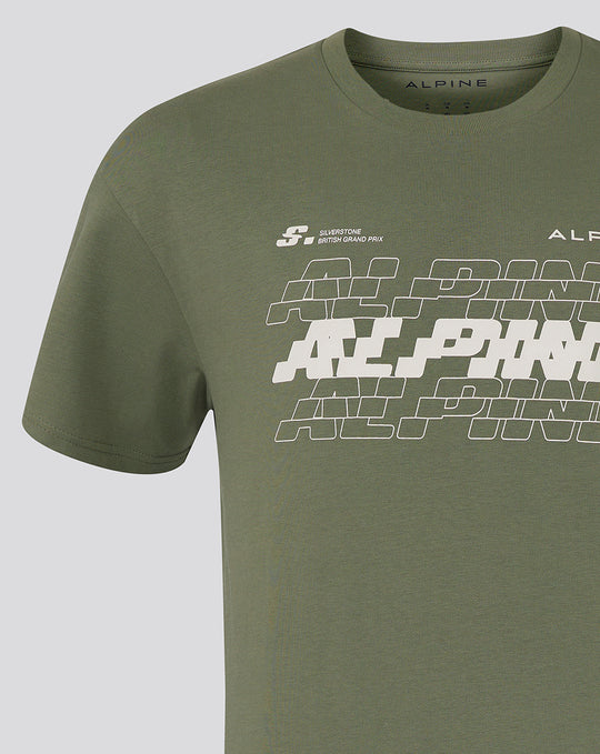 Front view of olive green Alpine T-shirt with Silverstone Grand Prix graphic across the chest