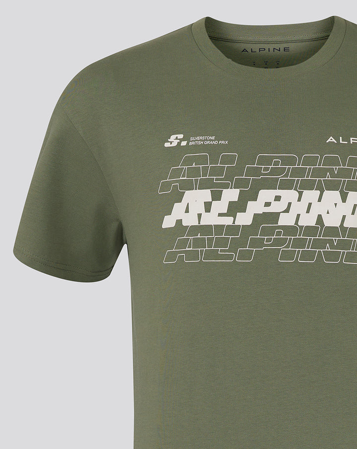 Front view of olive green Alpine T-shirt with Silverstone Grand Prix graphic across the chest