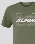 Front view of olive green Alpine T-shirt with Silverstone Grand Prix graphic across the chest