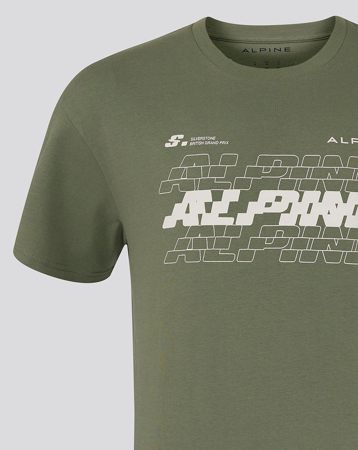 Front view of olive green Alpine T-shirt with Silverstone Grand Prix graphic across the chest