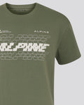 Close-up of chest area on olive green Alpine T-shirt featuring white graphic and Alpine branding