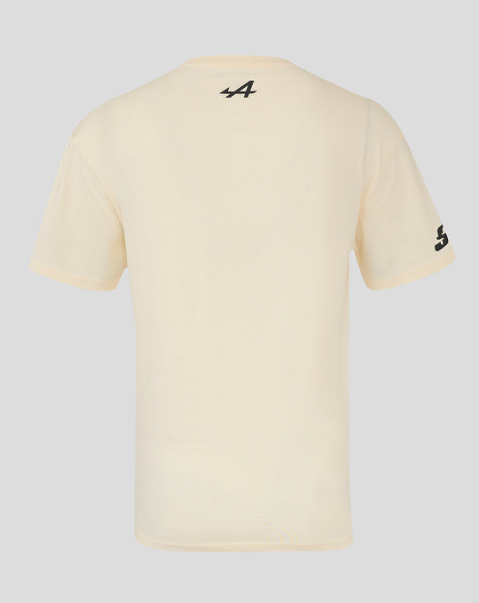 Back view of cream Alpine Silverstone oversized unisex T-shirt with a small black logo at the upper back.