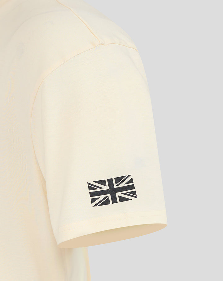 Close up of cream sleeve with a black Union Jack flag graphic.