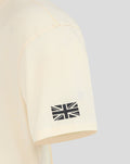 Close up of cream sleeve with a black Union Jack flag graphic.