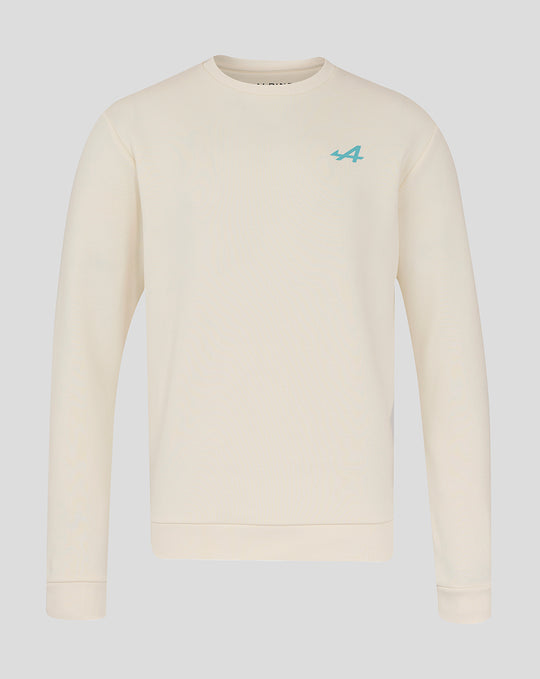 Cream oversized BWT Alpine Miami sweatshirt with teal A logo on left chest.