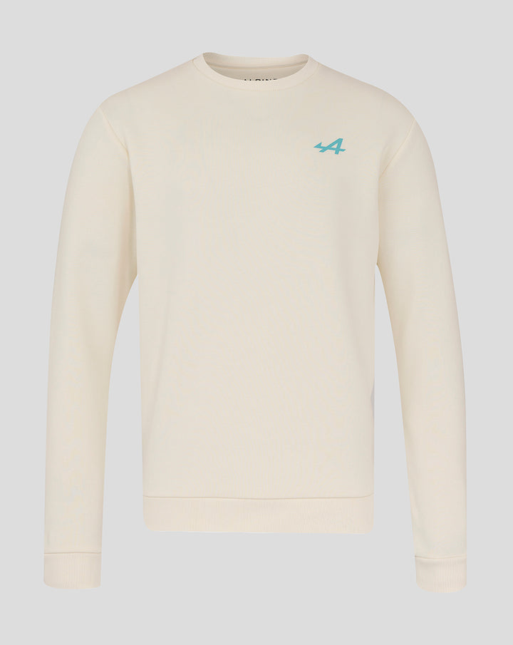 Cream oversized BWT Alpine Miami sweatshirt with teal A logo on left chest.