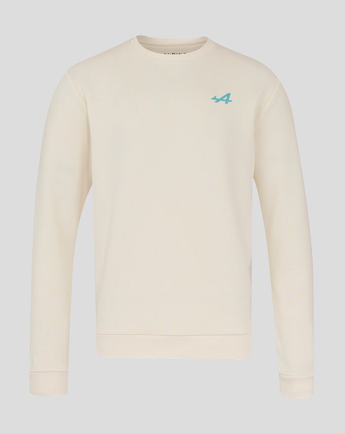 Cream oversized BWT Alpine Miami sweatshirt with teal A logo on left chest.